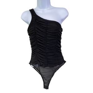 Forever 21‎ NEW One Shoulder Ruched Mesh Sheer Bodysuit Size L Black Witchy Goth